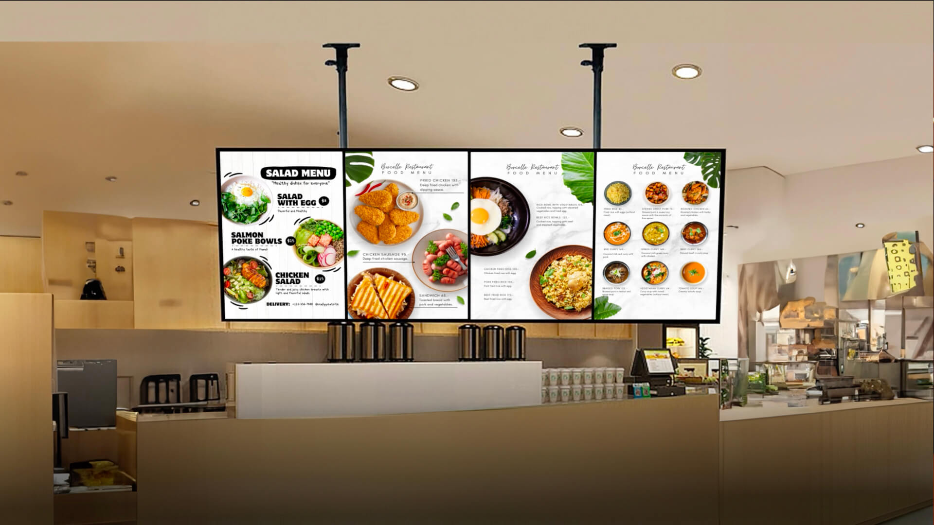 Digital menu boards displaying food content on screens above a cafe counter